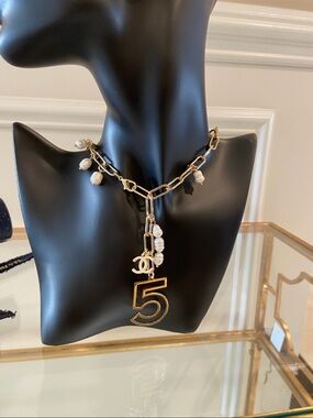 CHANEL Gold-Tone Chain Necklace with White Pearls and '5' Charm